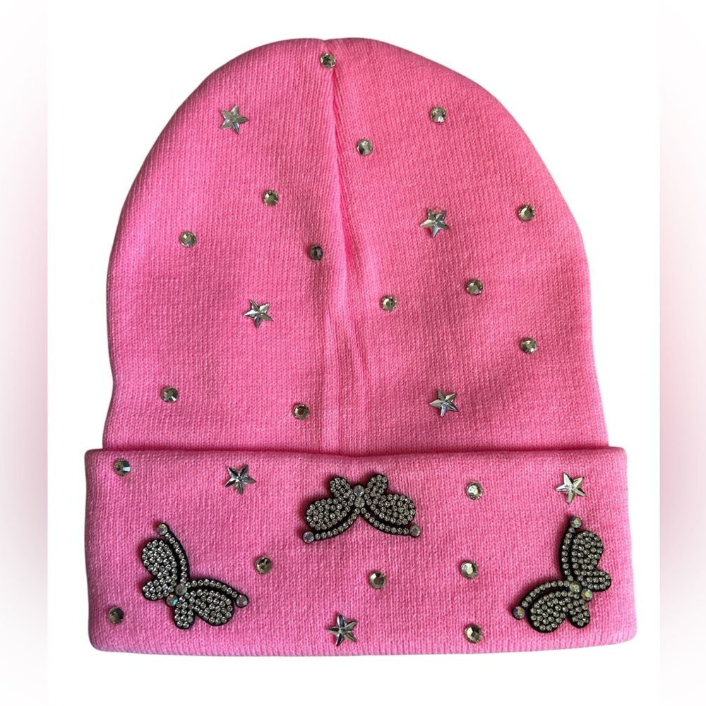 Hot Pink Rhinestone Butterfly Beanie Sparkly Women’s Knit Winter Hat